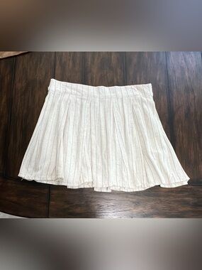 LOVE 83 Beige & Navy Pinstripe Pleated Skirt Preppy Minimalist Linen Size XL